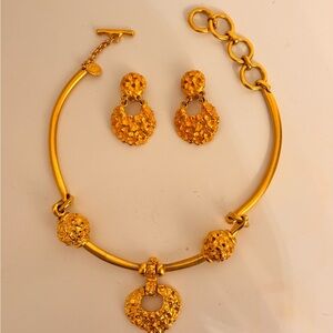 Textured Gold Heart Pendant Necklace with Matching Earrings - Women